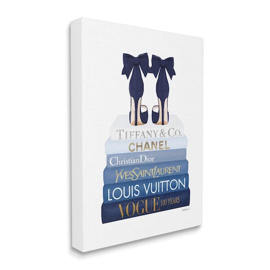 Stupell Industries Navy Blue Bow Heels Chic Glam Bookstack Canvas Wall Art
